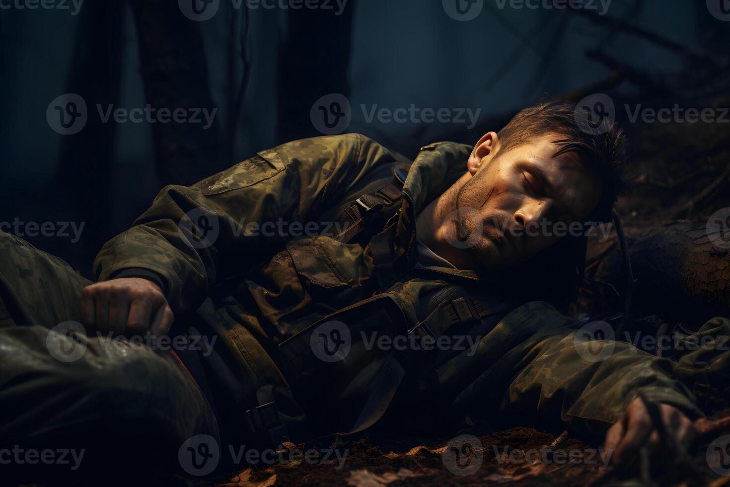 AI generated dirty tired soldier sleeps on tree roots in deep forest at autumn night, neural network generated image photo