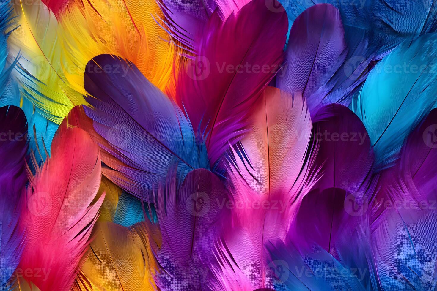 AI generated seamless texture and full-frame background of colorful feathers, neural network generated image. photo