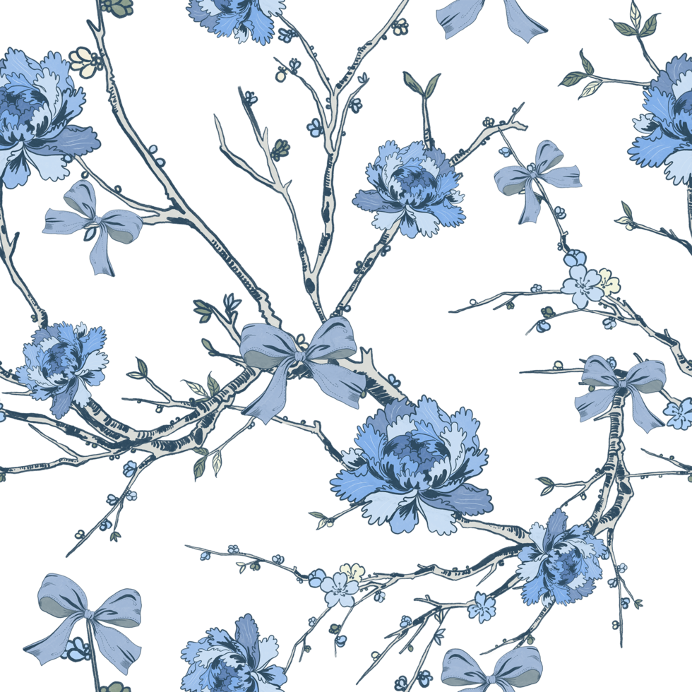 Chinoiserie inspired. Vintage floral illustration. Blue and white oriental eastern asian seamless pattern png