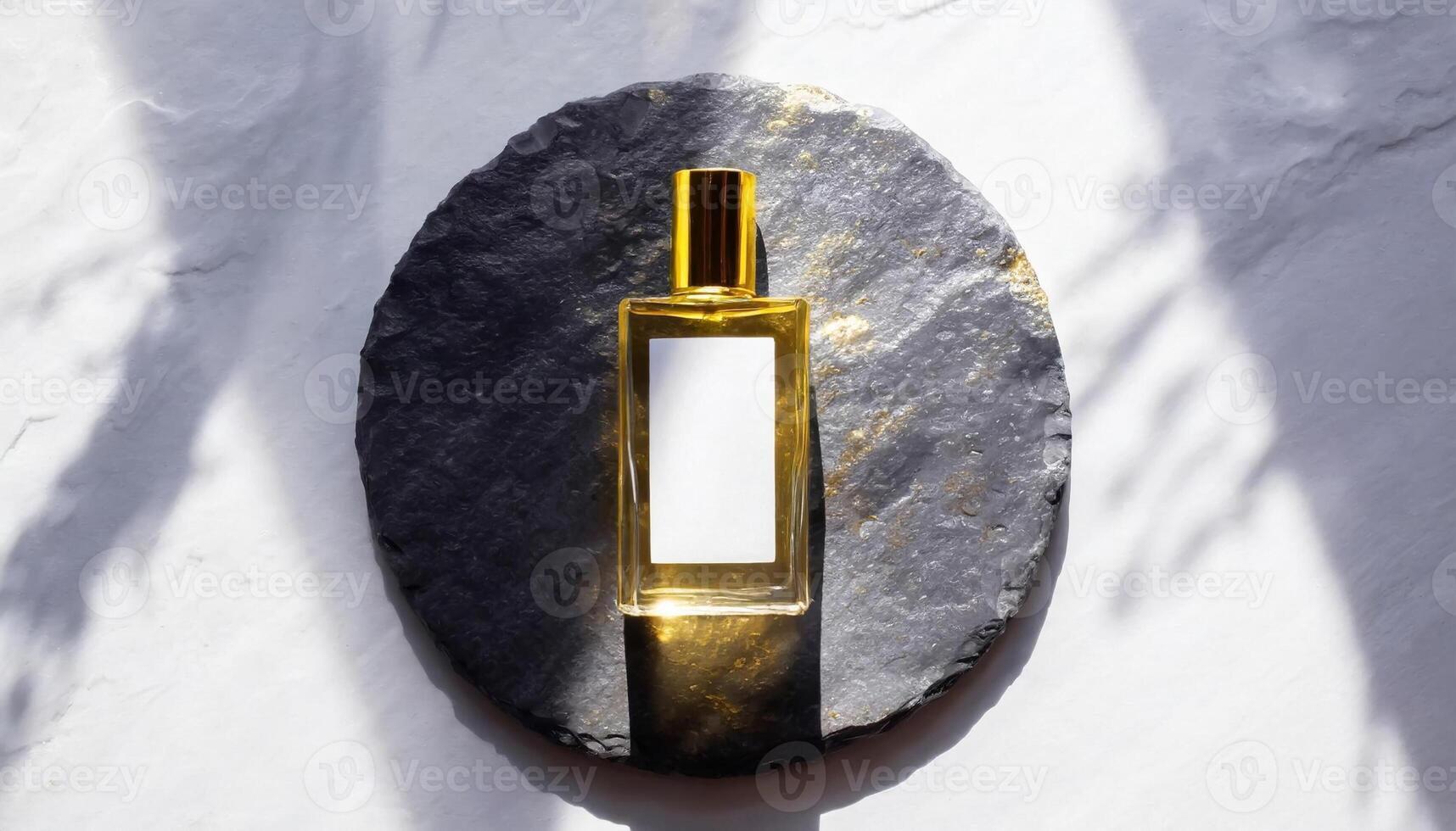 Mockup of galss transparent perfume bottle on stone plate and shadows photo