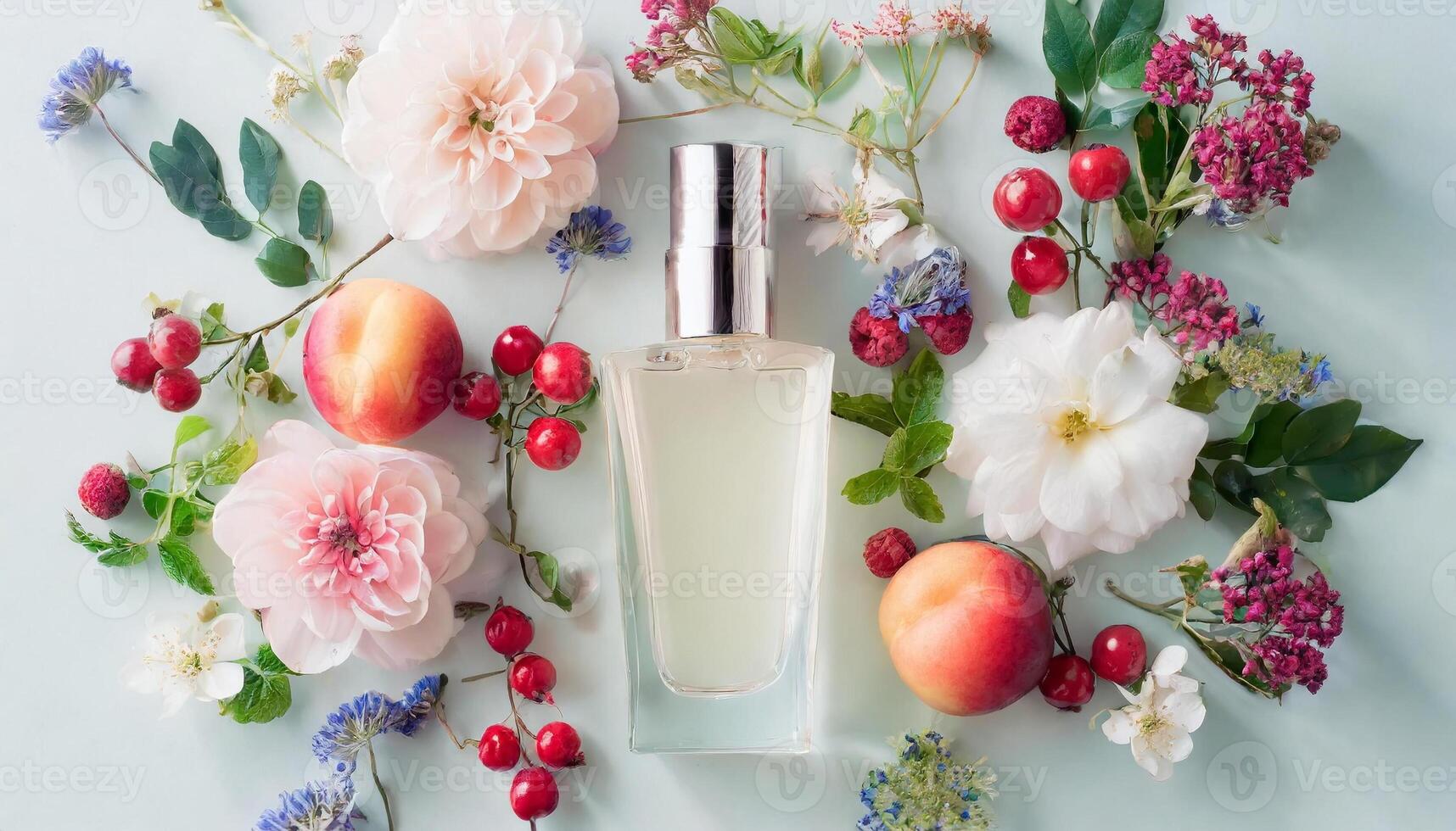 Transparent perfume bottle mock up with flowers, berries, fruits on background photo