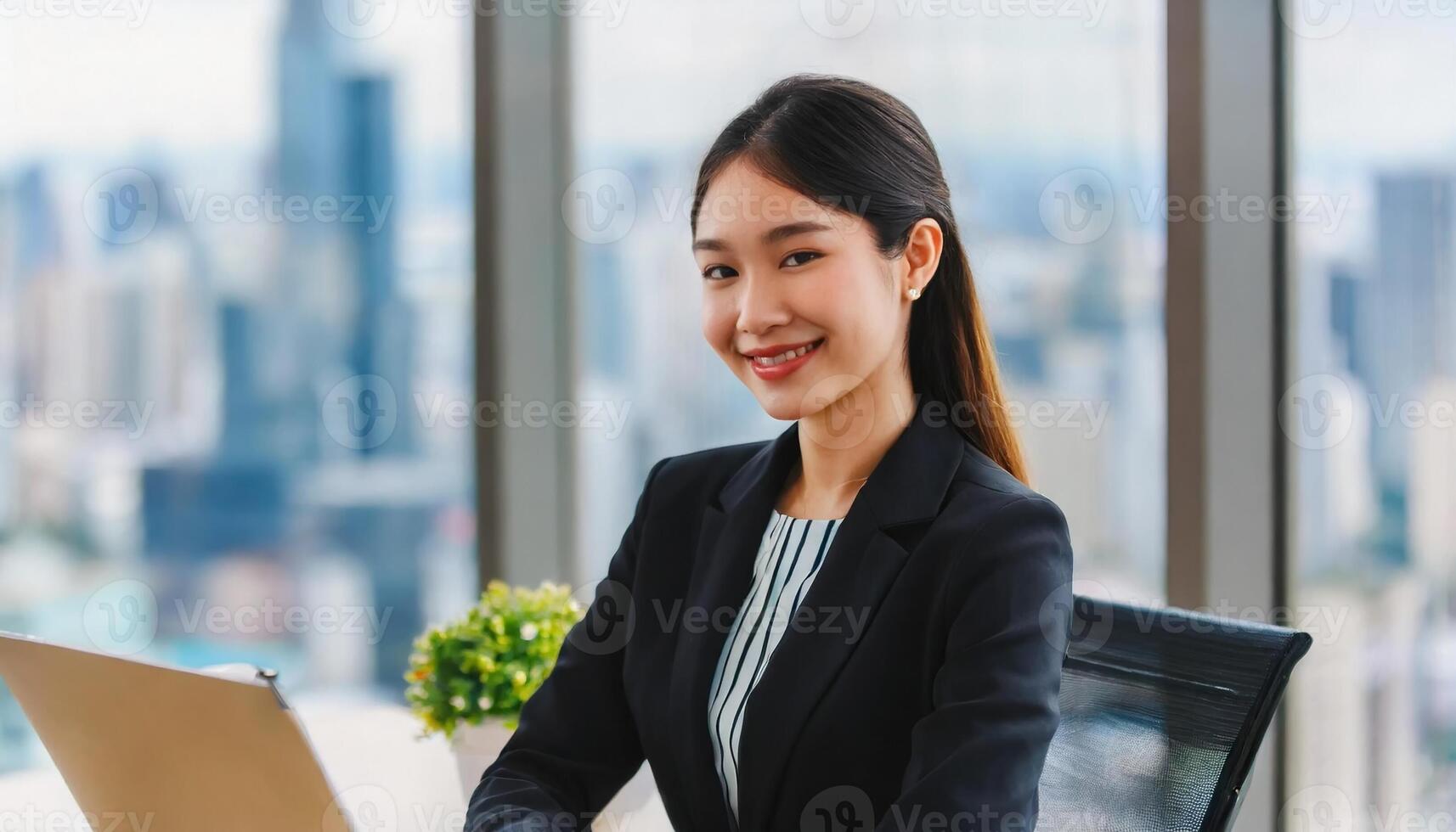 AI generated Young female asian project manager in skyscraper office building sitting in her workplace photo