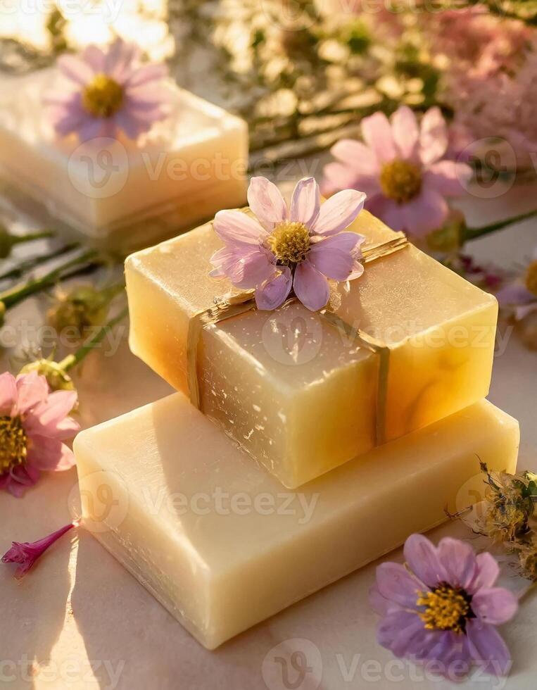 AI generated Herbal soap bars with flowers and oil photo