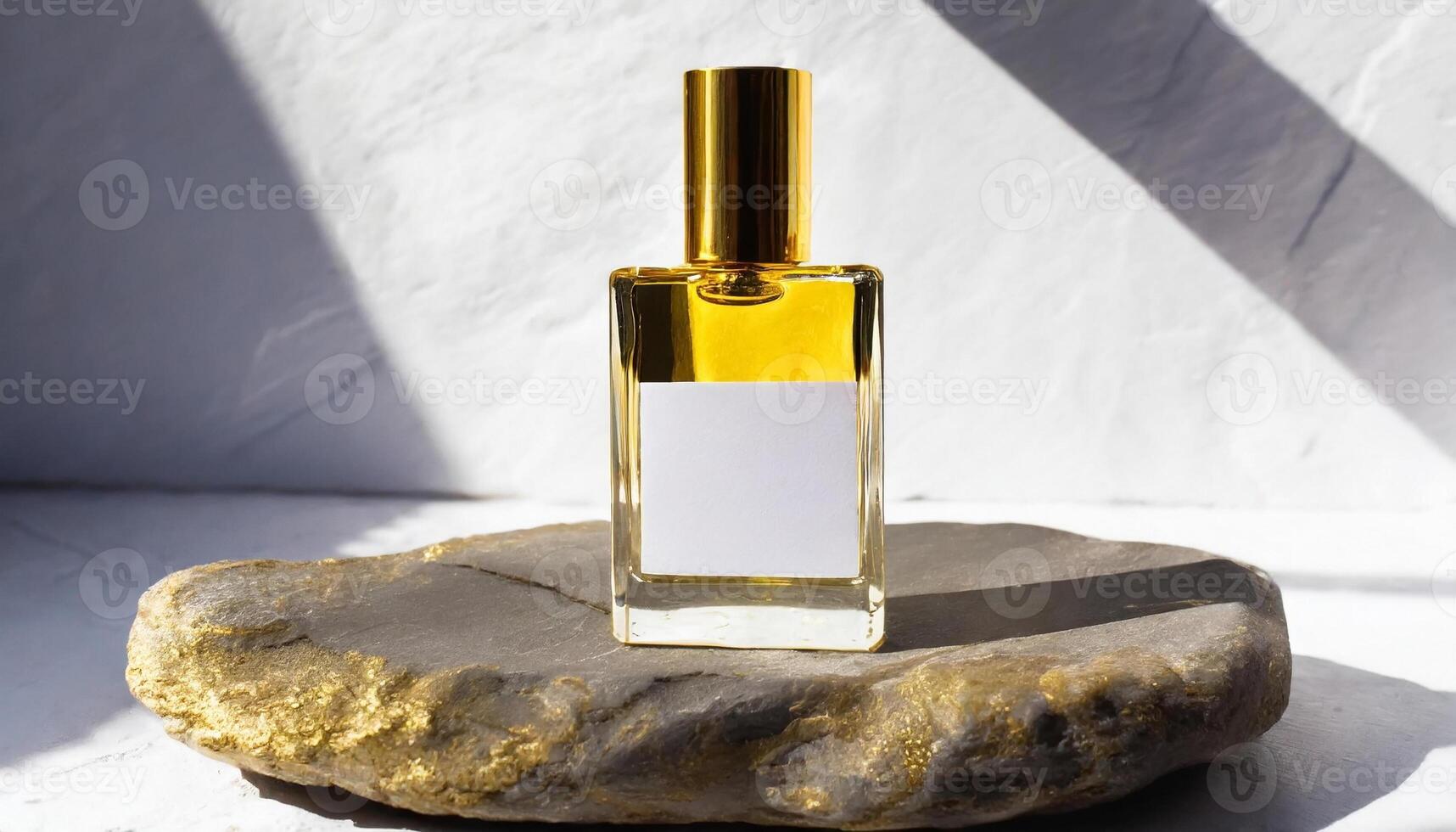 Mockup of galss transparent perfume bottle on stone plate and shadows photo