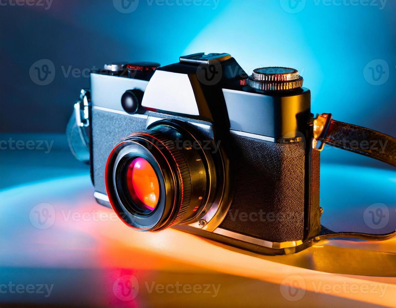AI generated Retro analog film black camera, on colorful background photo