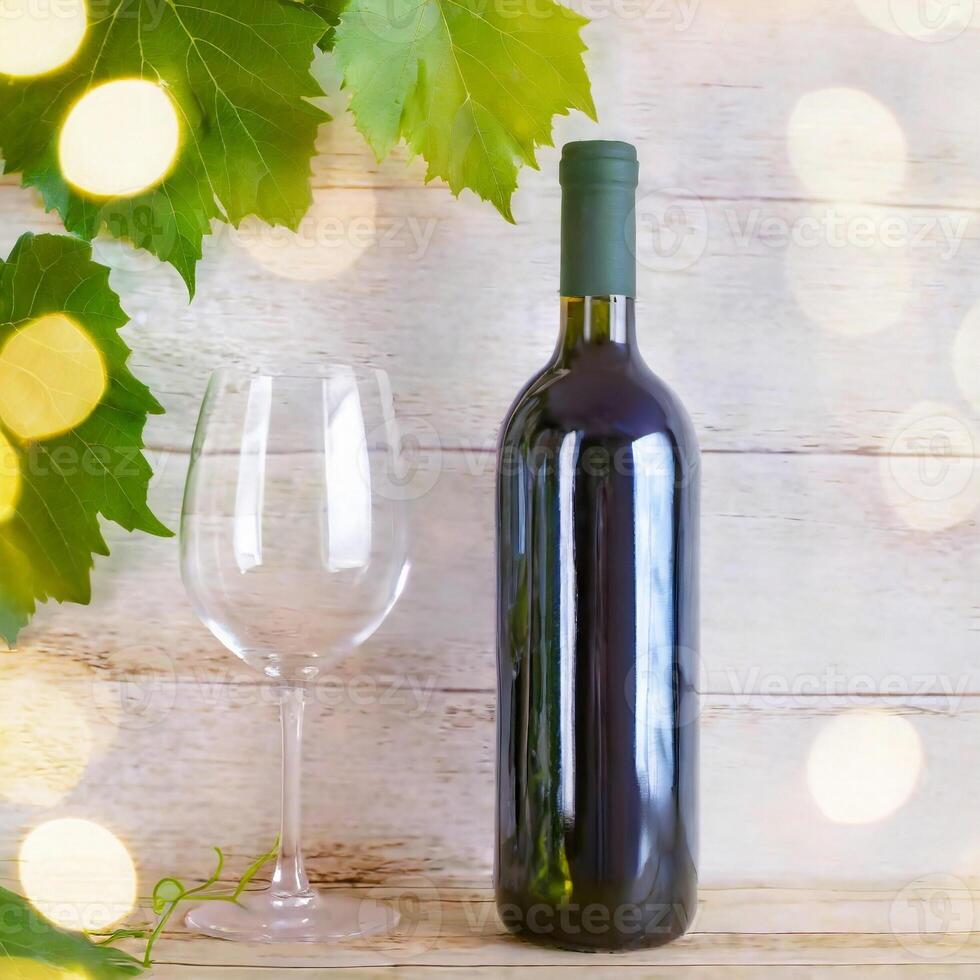 AI generated Vine bottle mockup, glass of wine on wooden background, template photo