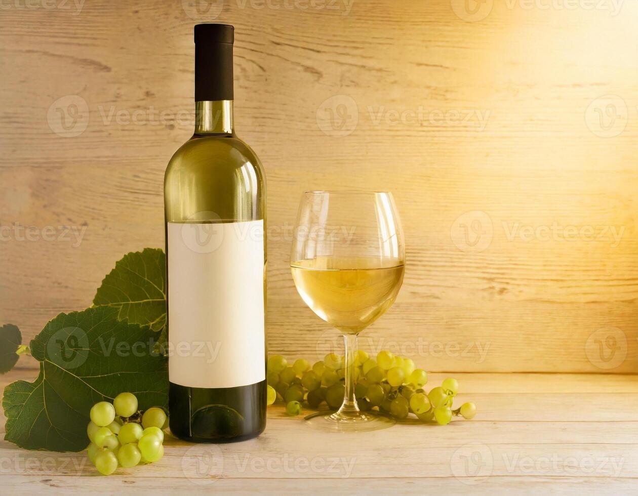 AI generated Vine bottle mockup, glass of wine on wooden background, template photo