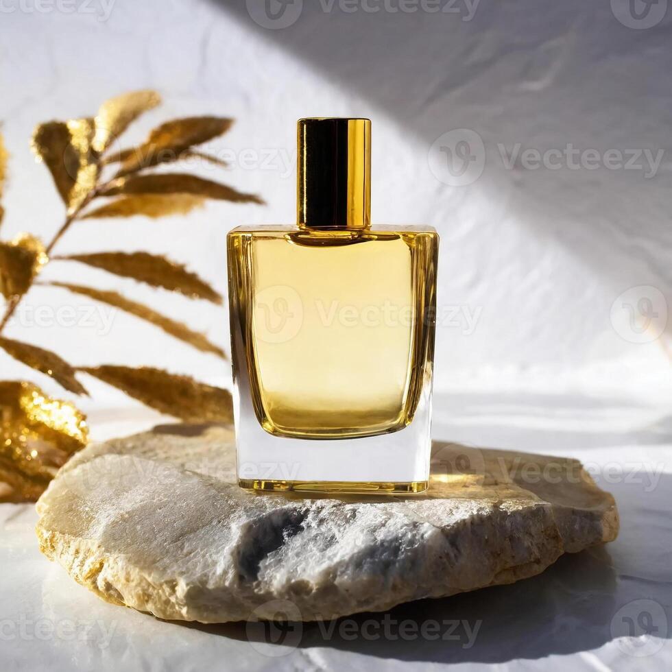Mockup of galss transparent perfume bottle on stone plate and shadows photo