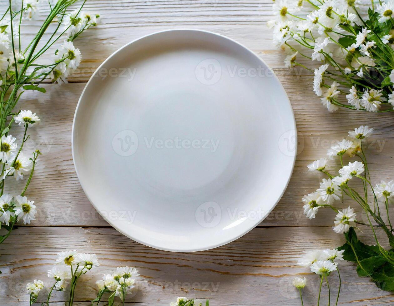 ai generado blanco cerámico plato Bosquejo, blanco modelo de plato en mesa foto