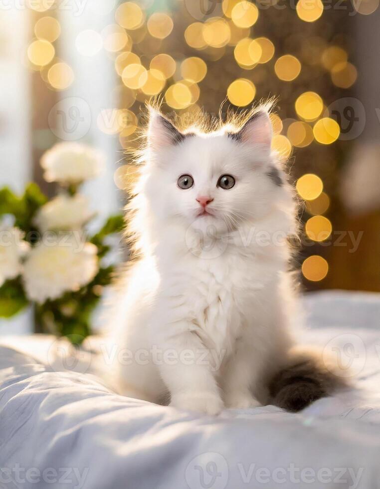 AI generated Fluffy pretty kitty and flowers, pet and floral card,  congratulation card photo