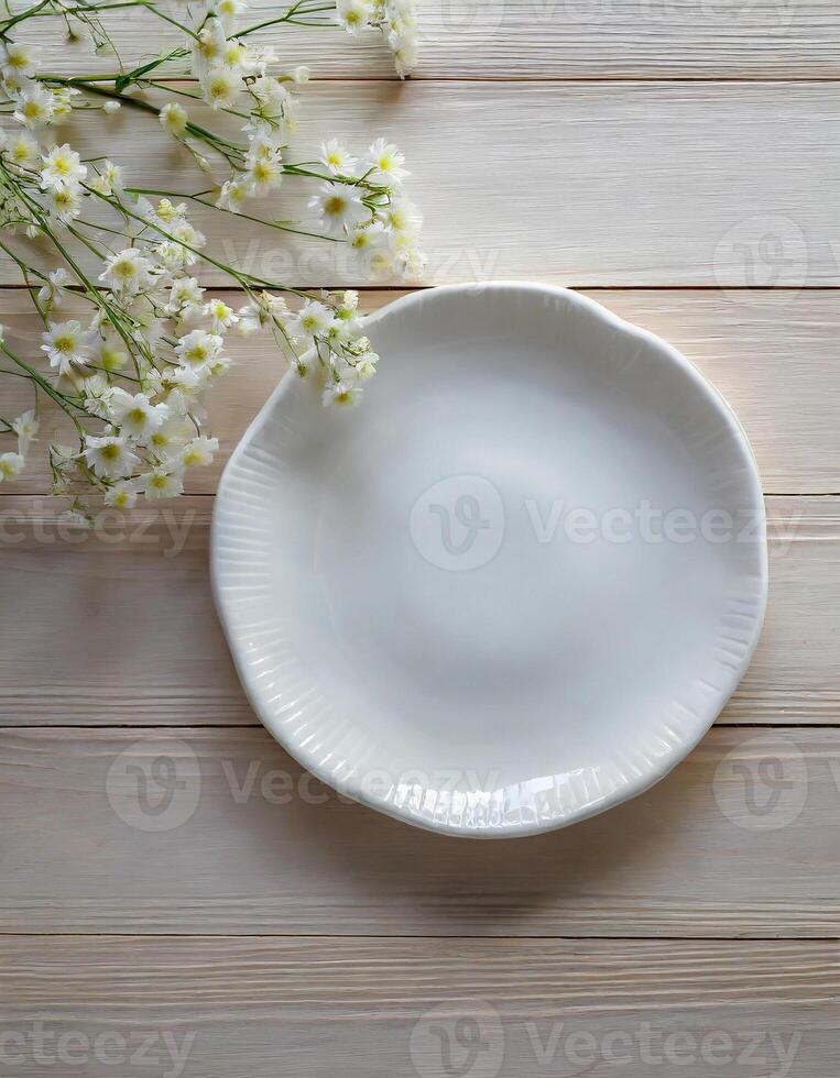 AI generated White ceramic plate mockup, blank template of dish on table photo