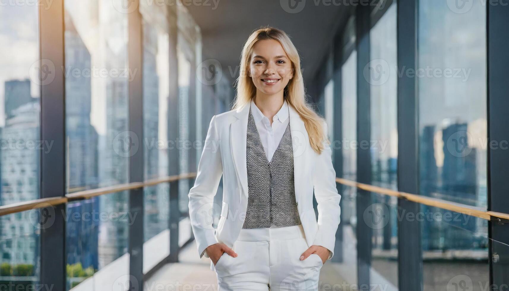 AI generated Young caucasian female project manager in skyscraper office building photo