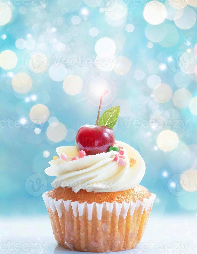 AI generated Sweet dessert cupcake decorated, birthday concept card photo