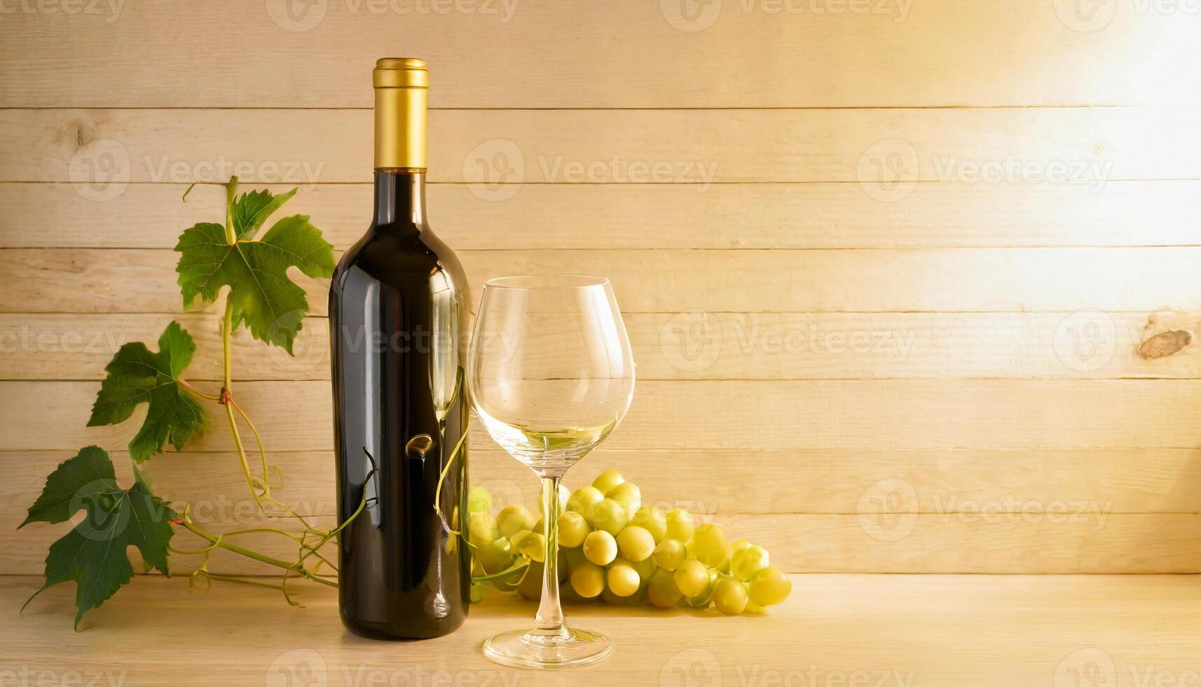 AI generated Vine bottle mockup, glass of wine on wooden background, template photo