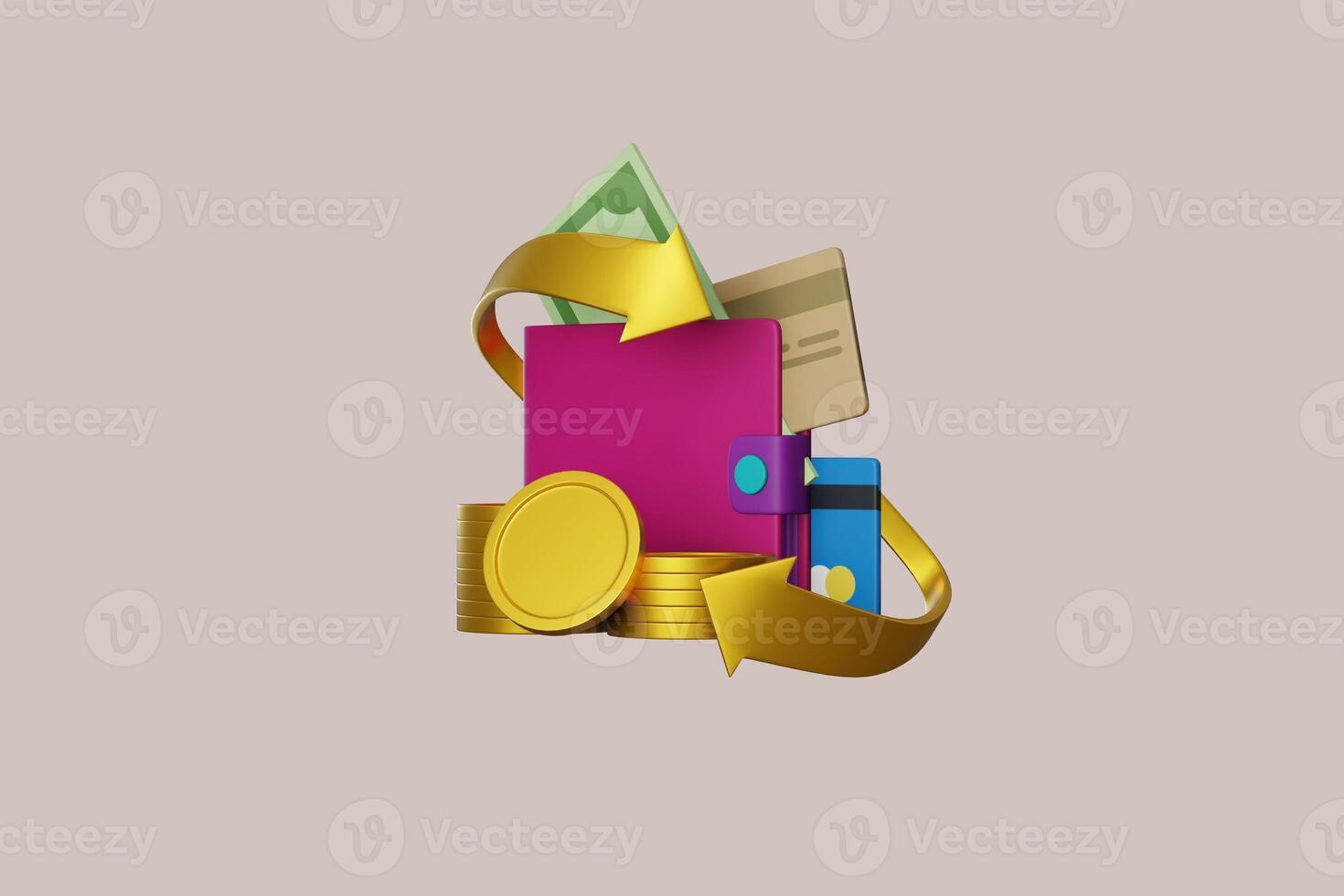 3D wallet concept. money bag, coins stack and banknotes. 3d render illustration photo