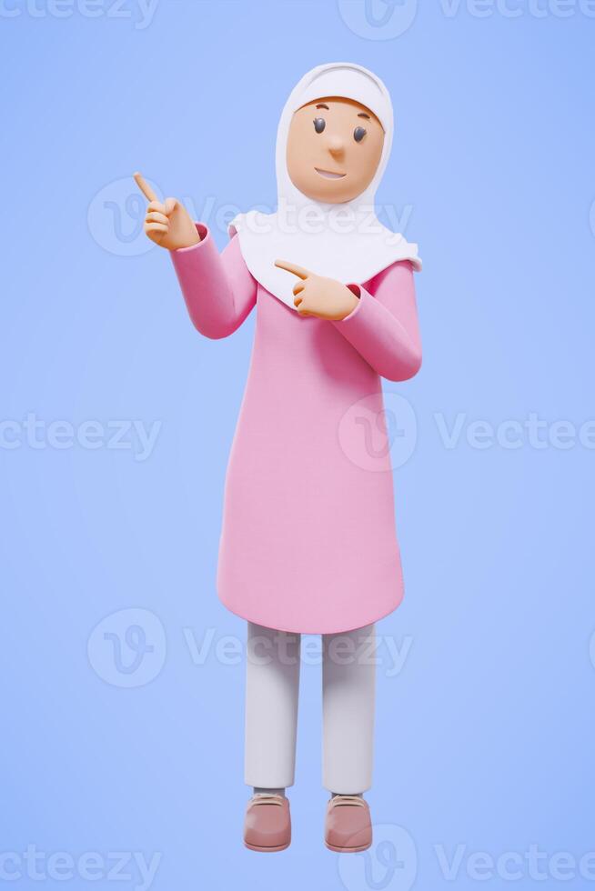 3d rendering fullbody of woman muslim greeting, greeting, pointing and holding phone while smiling photo