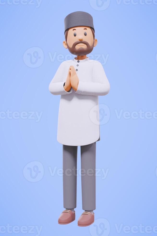 3d man muslim greeting, greeting, pointing and holding phone while smiling with blue background photo