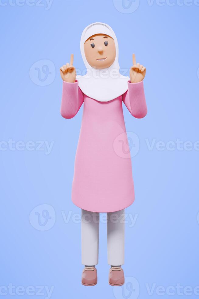 3d rendering fullbody of woman muslim greeting, greeting, pointing and holding phone while smiling photo