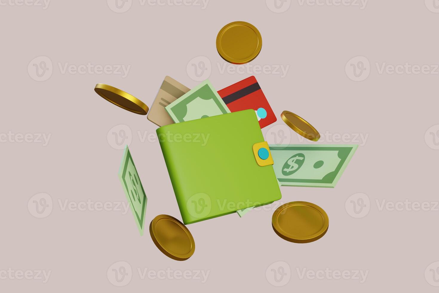 3D wallet concept. money bag, coins stack and banknotes. 3d render illustration photo