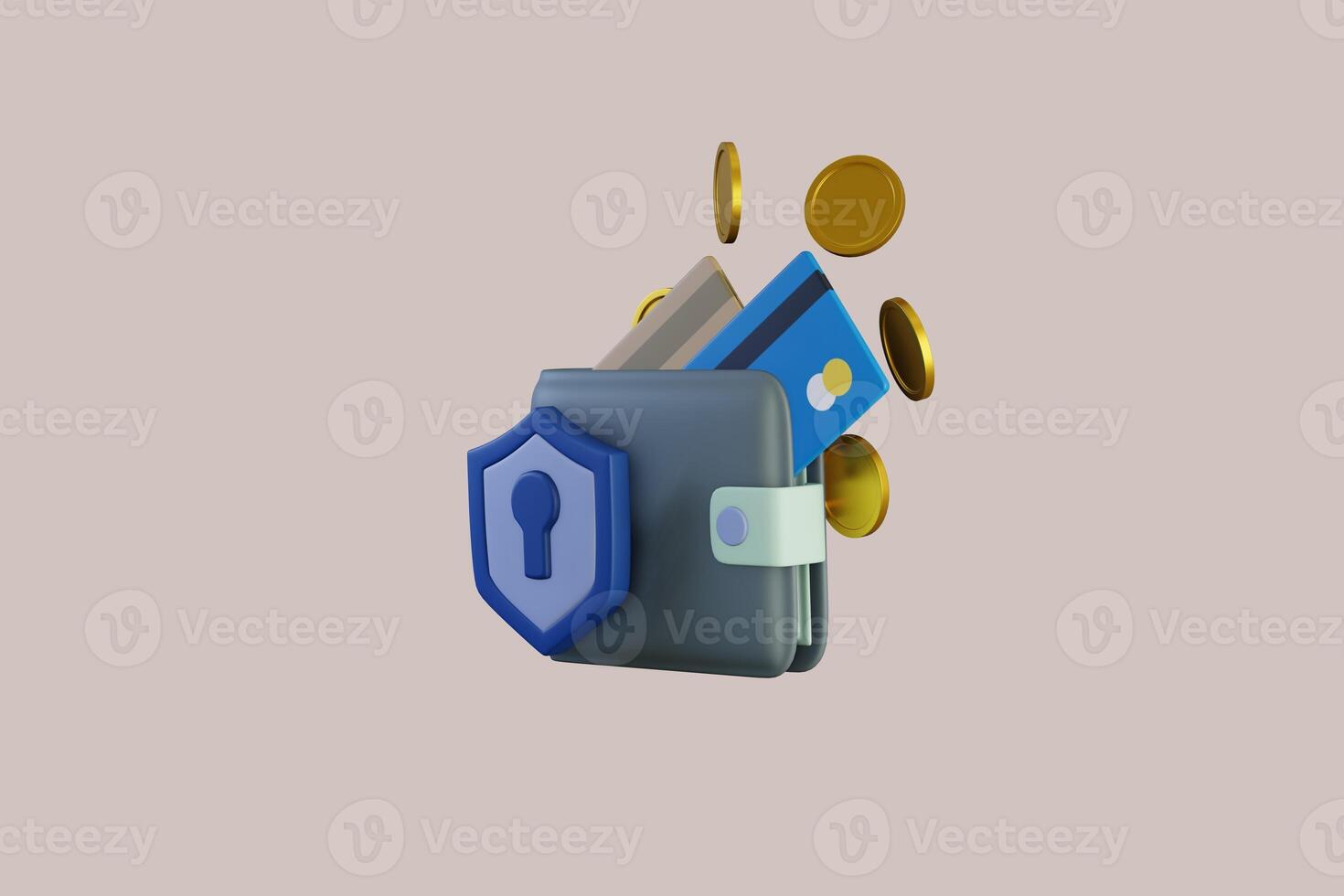 3D wallet concept. money bag, coins stack and banknotes. 3d render illustration photo