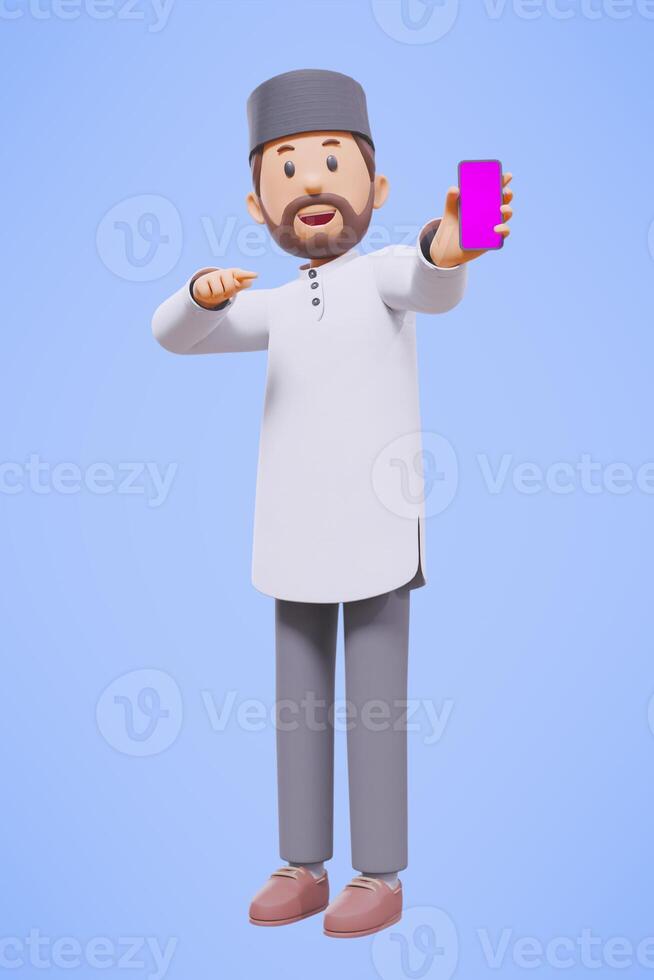 3d man muslim greeting, greeting, pointing and holding phone while smiling with blue background photo