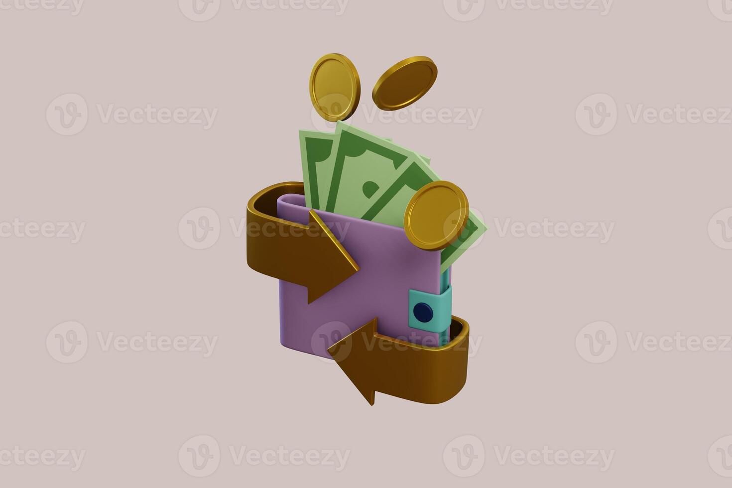 3D wallet concept. money bag, coins stack and banknotes. 3d render illustration photo