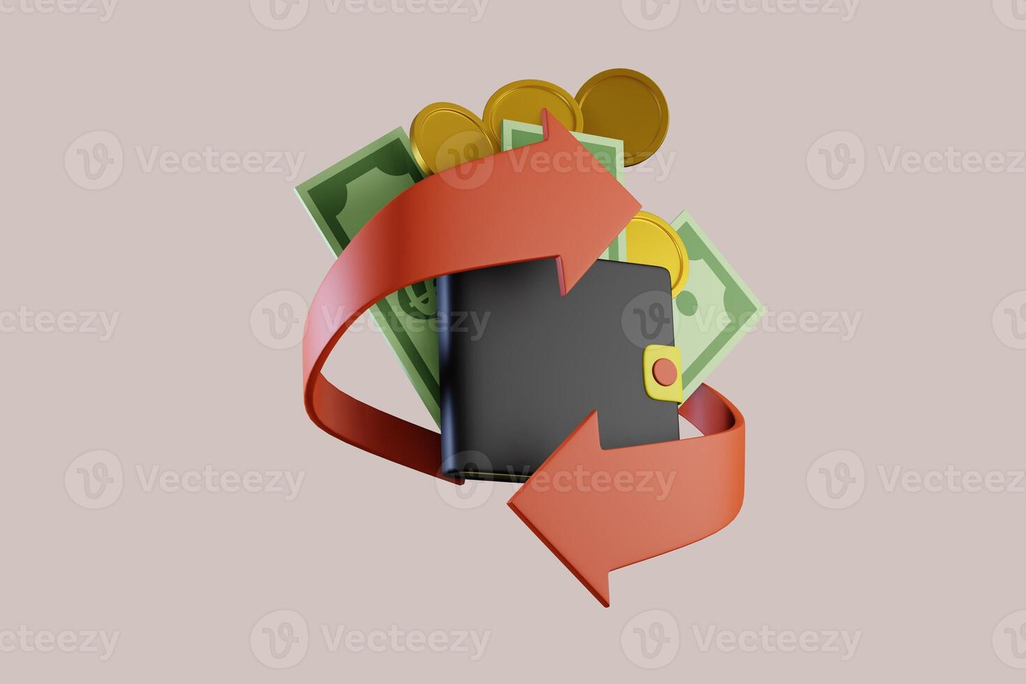 3D wallet concept. money bag, coins stack and banknotes. 3d render illustration photo