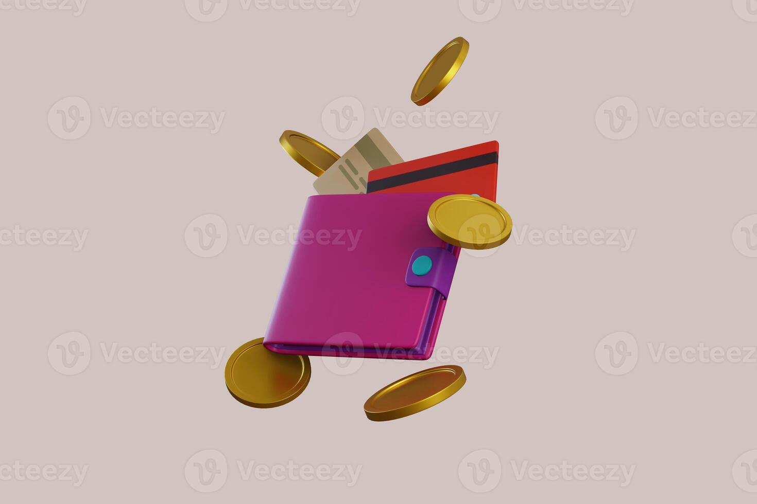 3D wallet concept. money bag, coins stack and banknotes. 3d render illustration photo