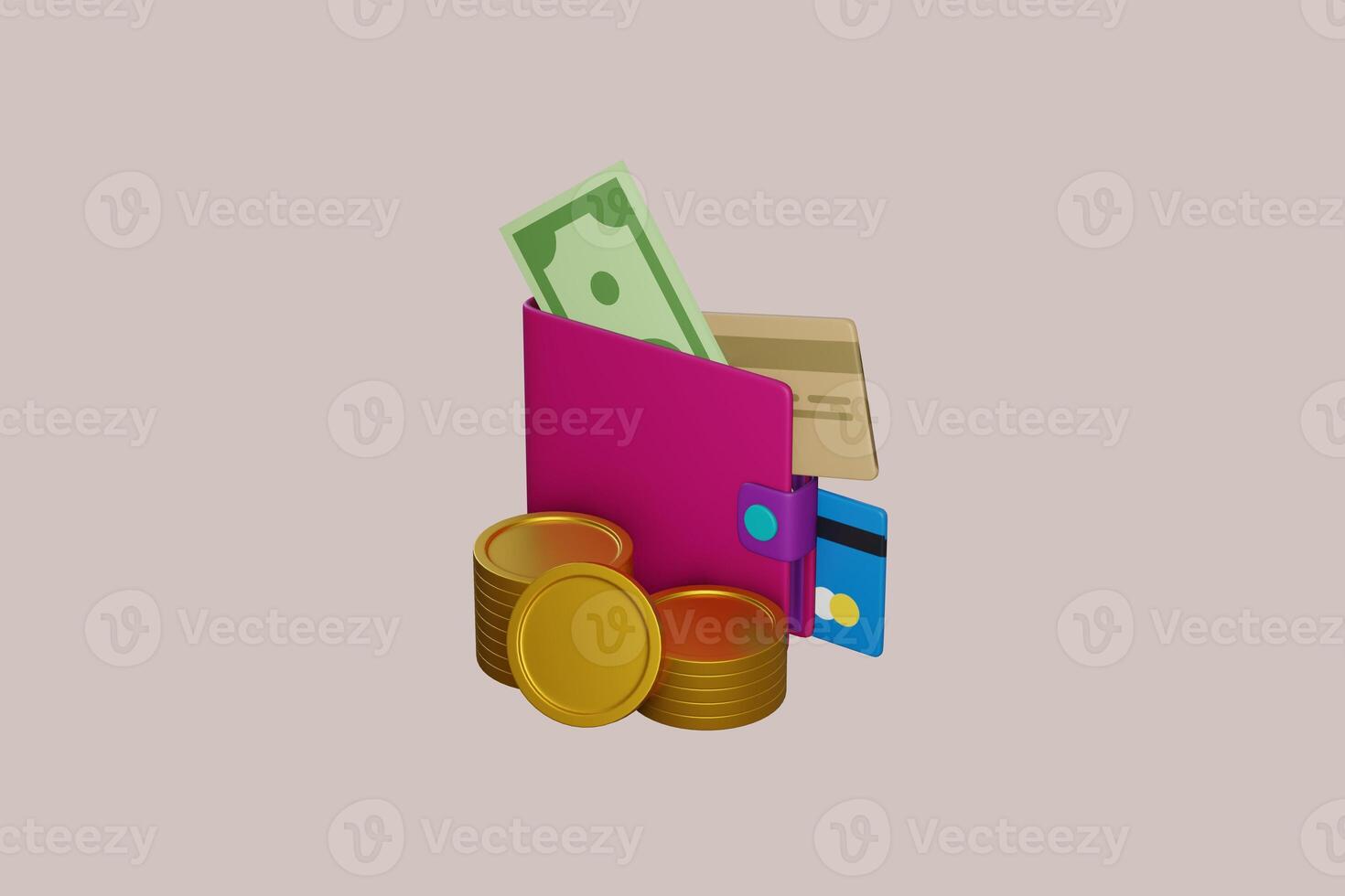 3D wallet concept. money bag, coins stack and banknotes. 3d render illustration photo