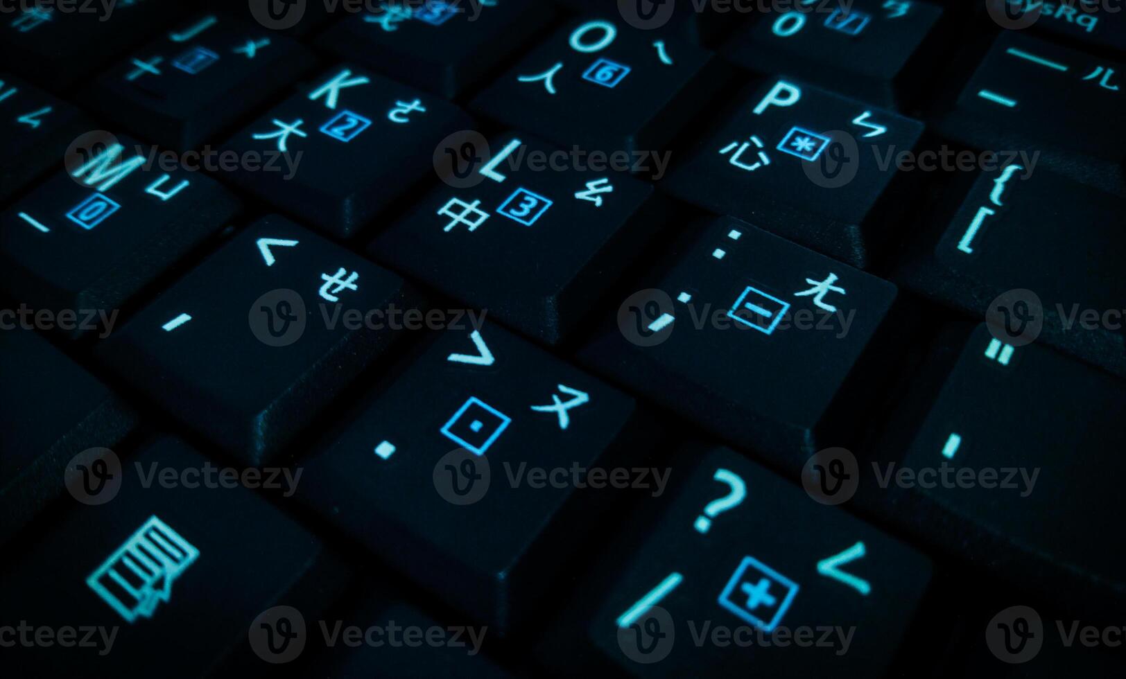 A Close-up of a black Keyboard with the key highlight, kanji symbols photo