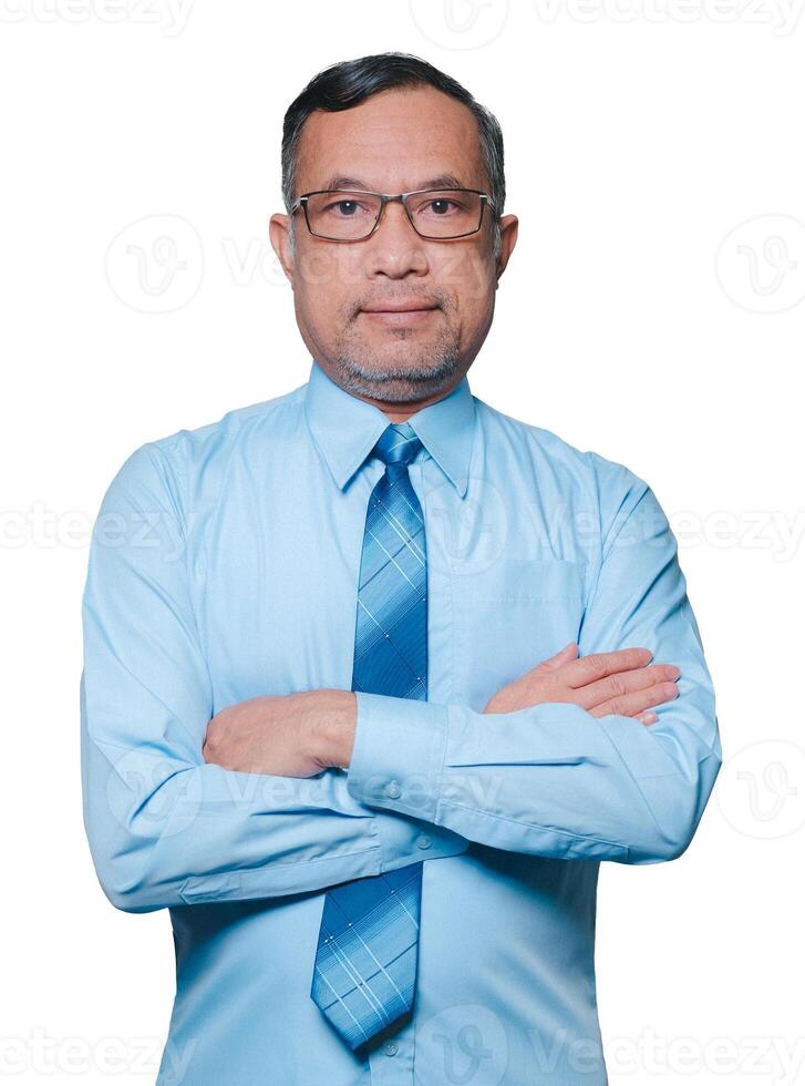 Portrait one man. A professional businessman stands confidently, a lone figure in focus, looking directly at the camera against a clean white background, a singular representation of business prowess photo