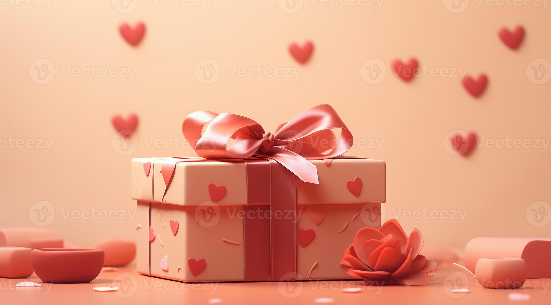 ai generado 3d regalo caja en un dulce rosado antecedentes con en forma de corazon decoración. foto