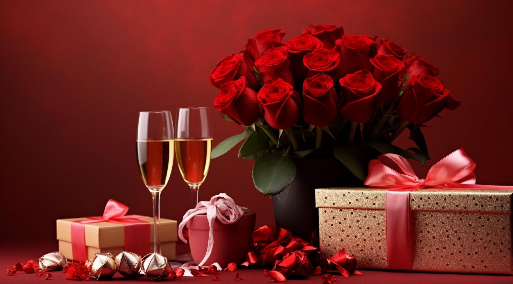 AI generated Valentine's day background with red roses, champagne and gift box. photo