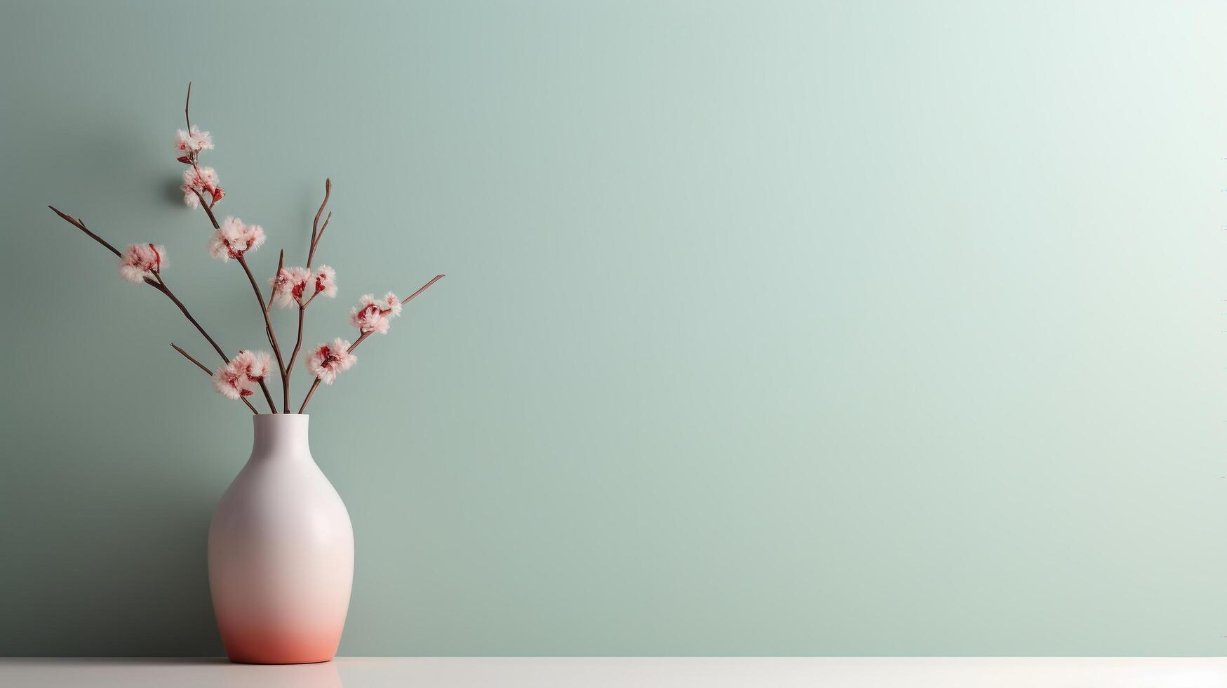 AI generated Cherry blossom branch in vase on table and green wall background. photo