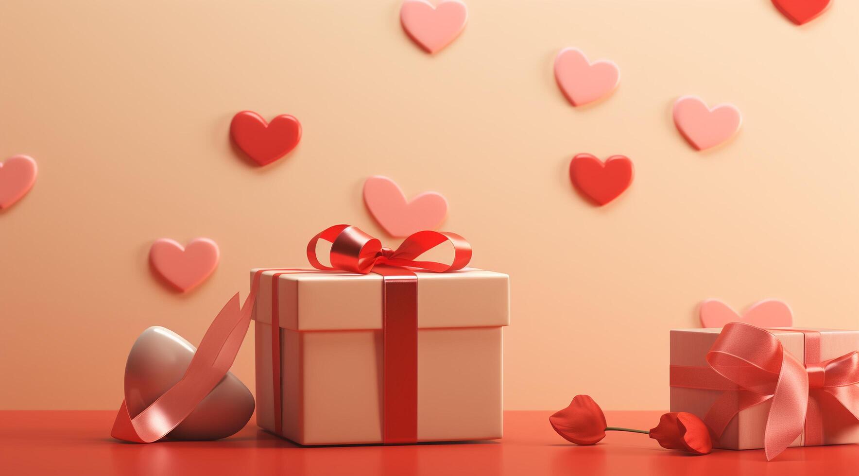 AI generated 3D gift box on a sweet pink background with heart-shaped decoration. photo