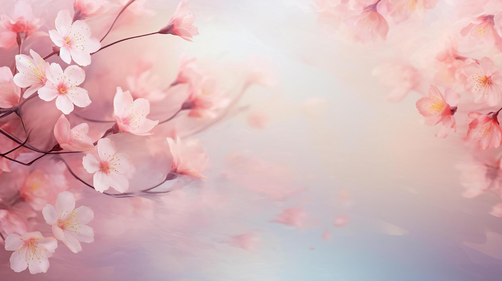 AI generated Cherry blossom background with blurry lights and copy space. photo