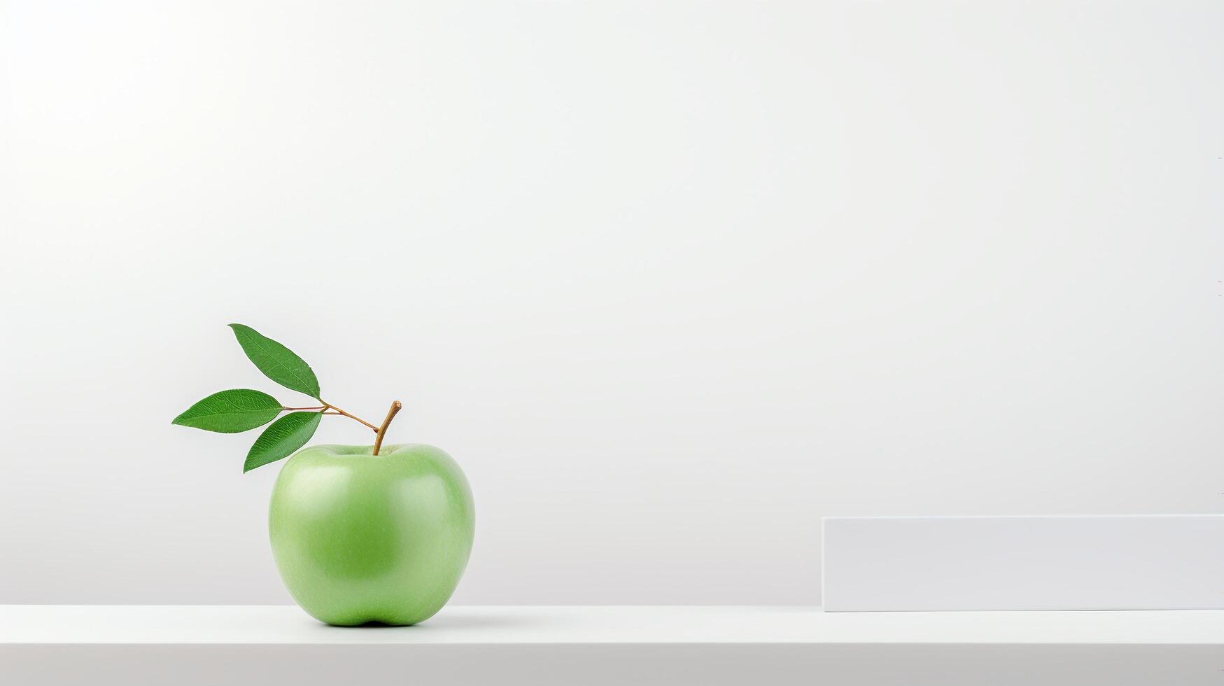 ai generado verde manzana con hoja en blanco estante con Copiar espacio para texto. foto