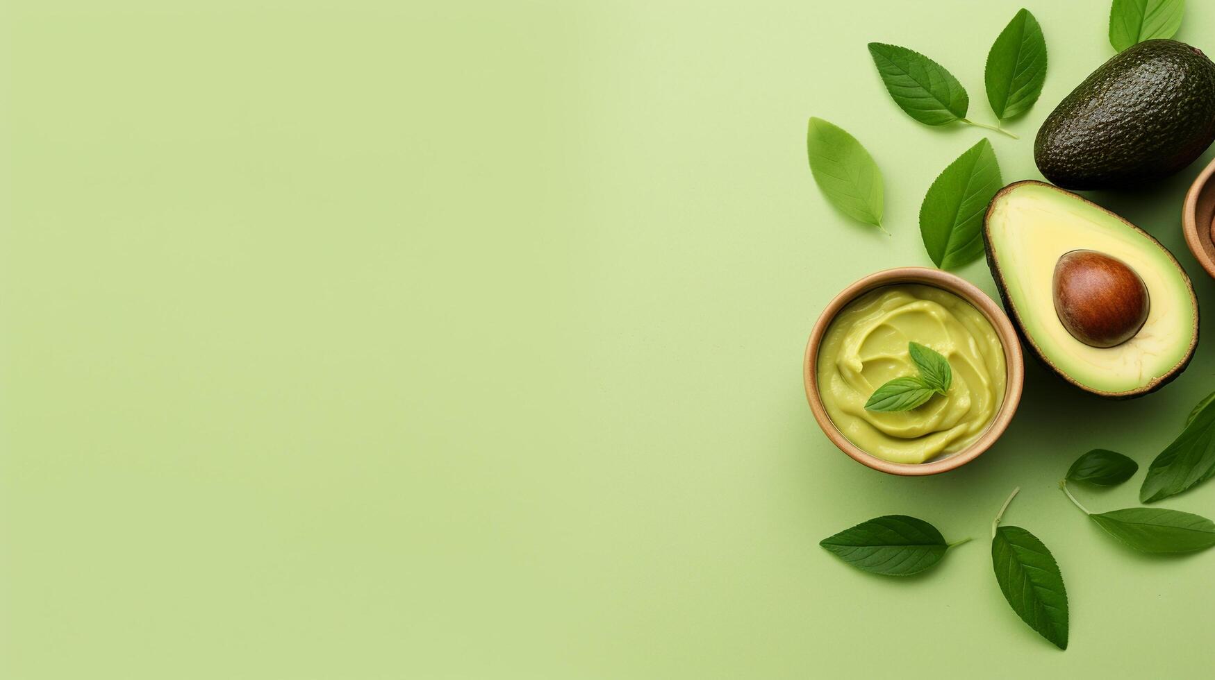 AI generated Avocado and green leaves on green background. Top view, with copy space for text. photo