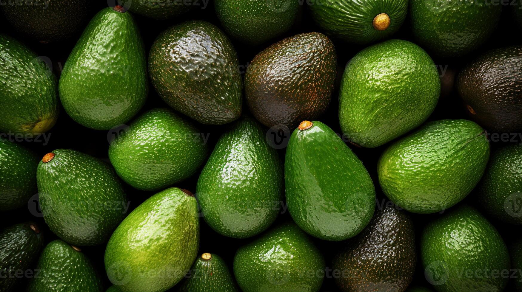 AI generated Avocado background. Top view of fresh ripe avocados fruits. photo