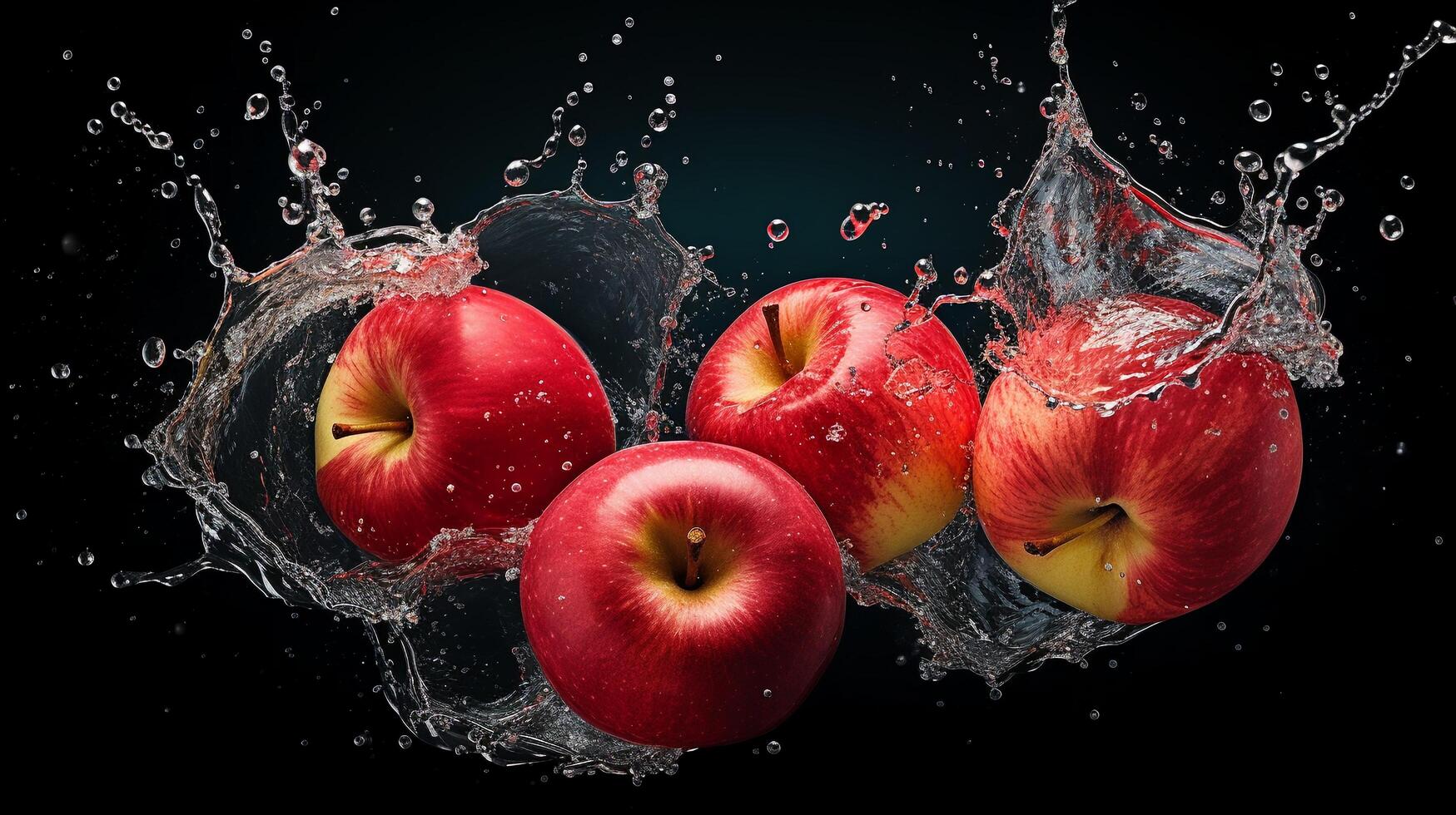 AI generated Fresh red apples falling into water with splash, isolated on black background photo