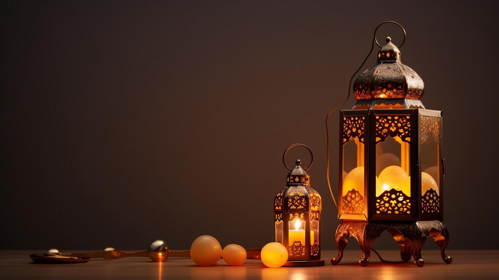 AI generated Arabic lanterns on wooden table. Ramadan Kareem background. photo