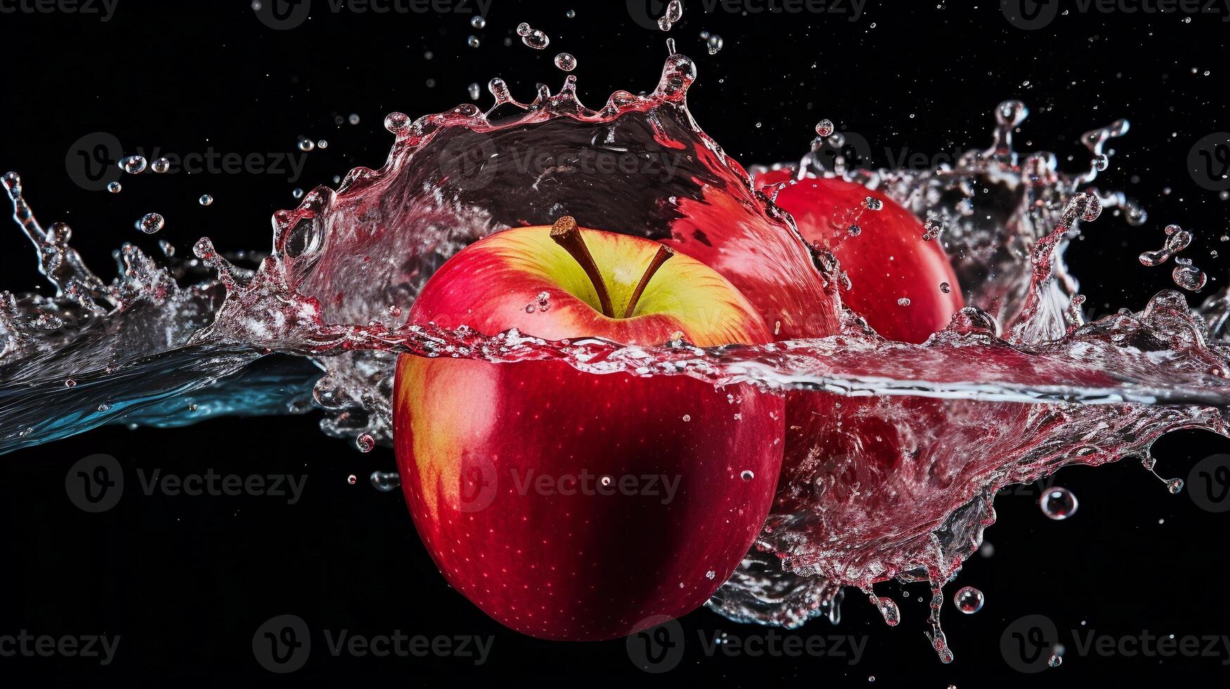 AI generated Red apple in water splash, isolated on black background. photo