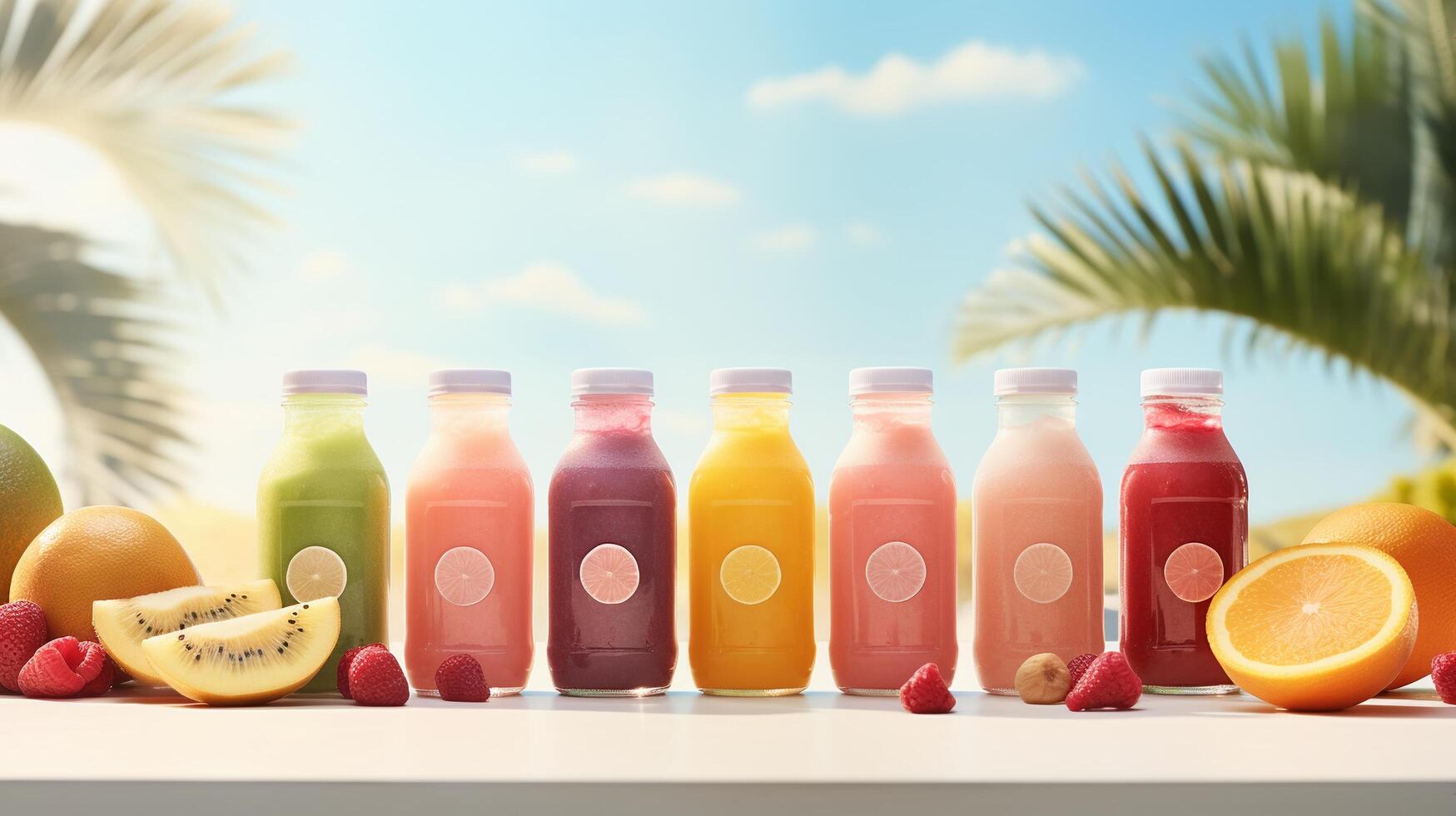 AI generated Variety of of healthy fruit smoothies in bottles on wooden table with tropical beach background. photo