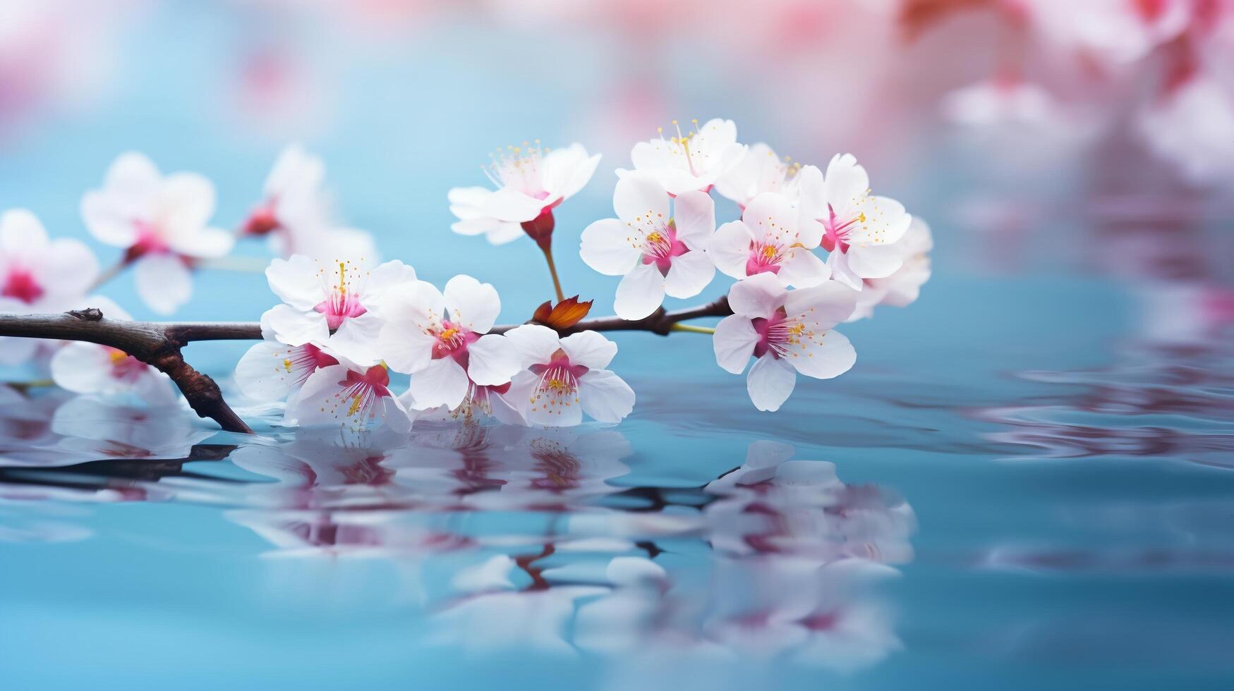 ai generado Cereza florecer terminado azul agua antecedentes con reflexión. foto
