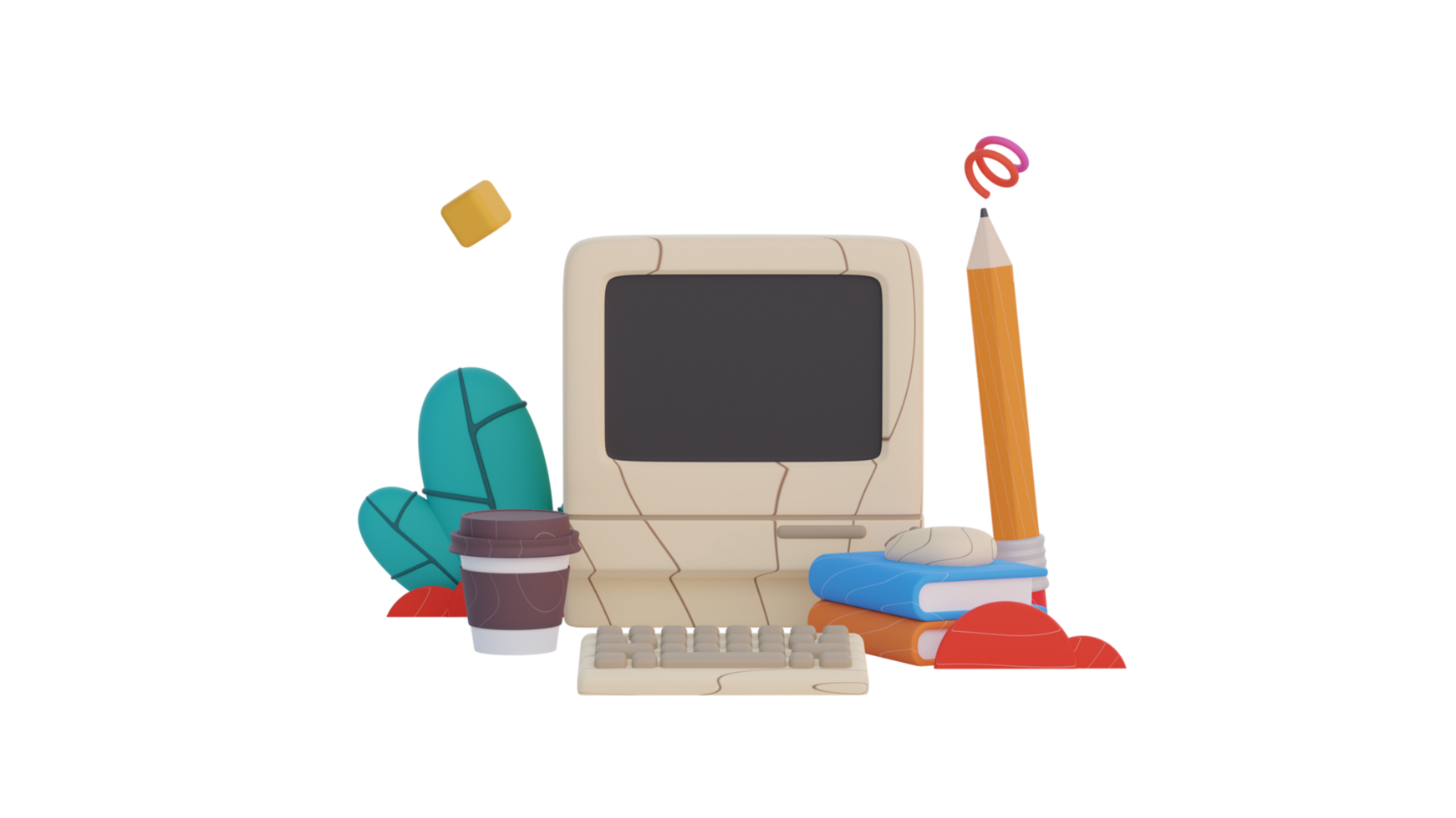 an old computer, pencil, and other items on a transparent background png