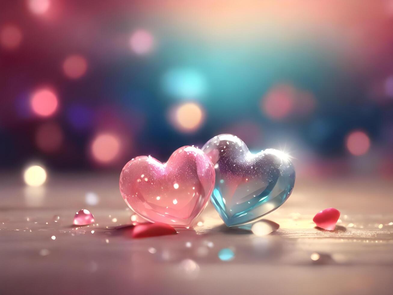 AI generated Valentine's Day Romantic Heart Shaped crystal miniature and bokeh lights photo