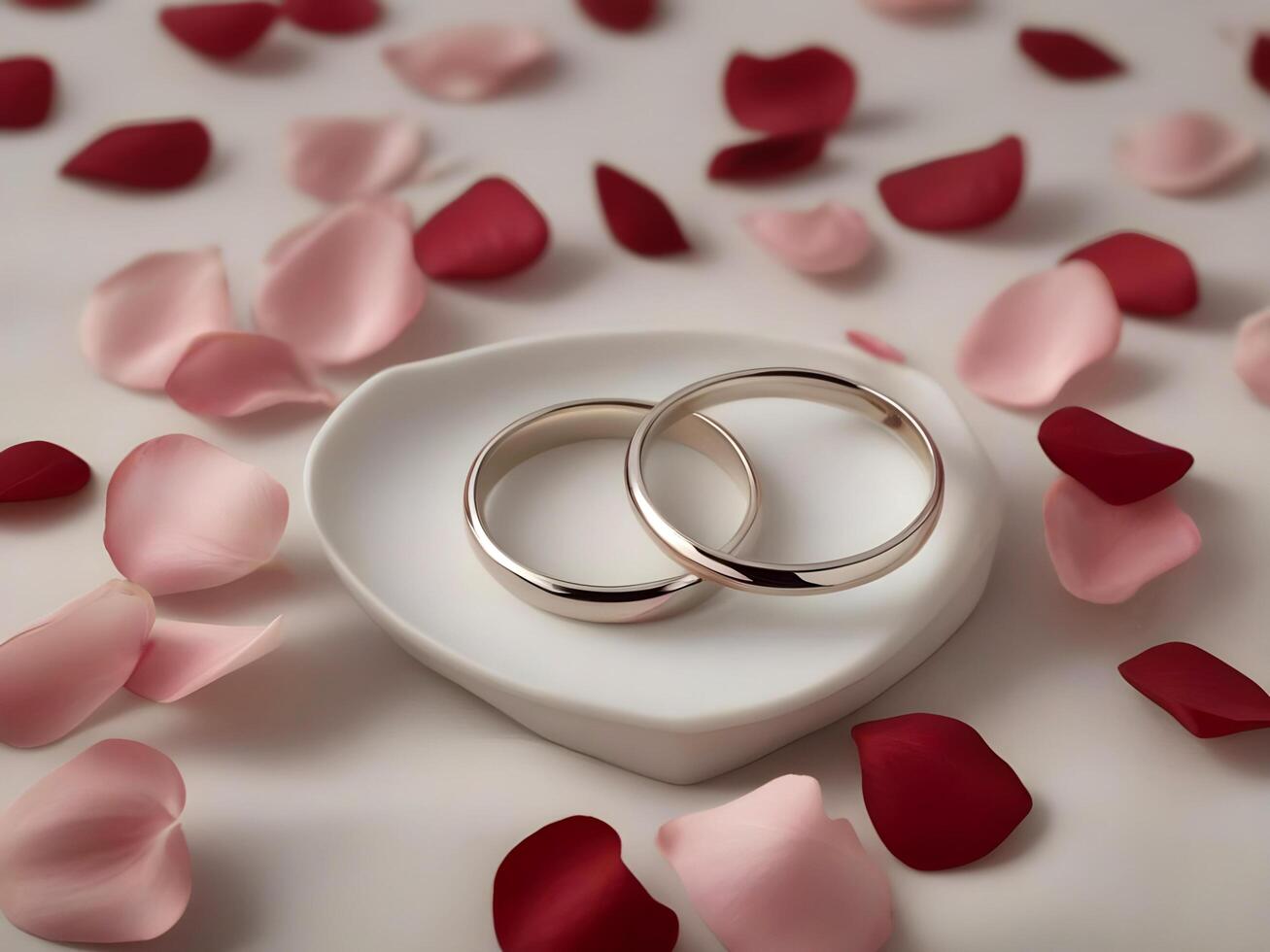 AI generated two engagement rings on ceramic plate and rose petals photo
