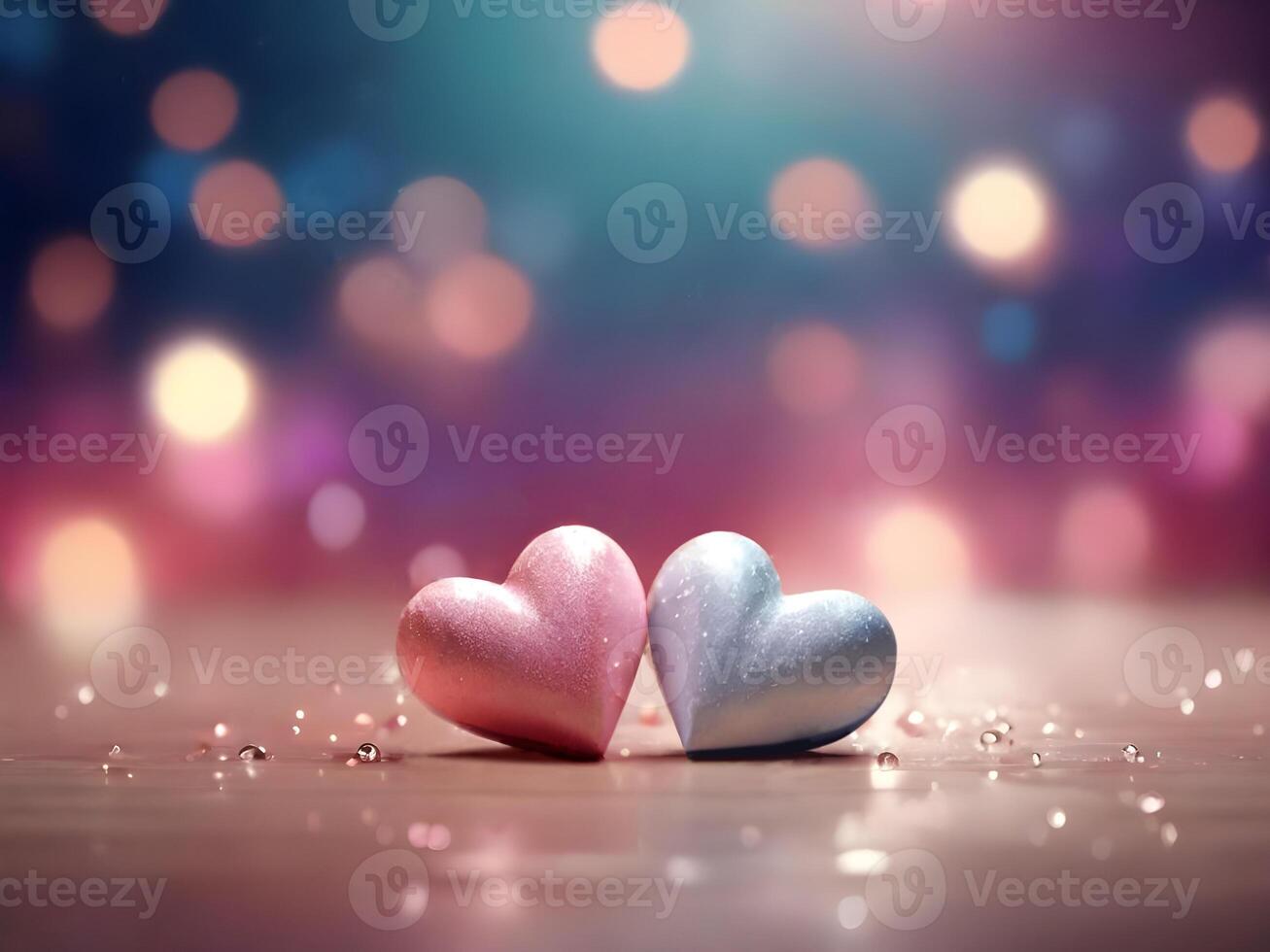 ai generado romántico San Valentín día bokeh con en forma de corazon miniatura en rosado y azul, ideal para tema de amor saludos y celebraciones foto