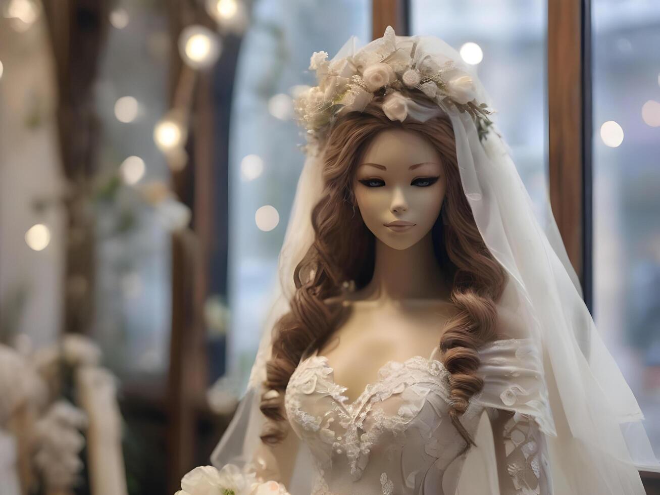 AI generated bride mannequin in a wedding studio photo