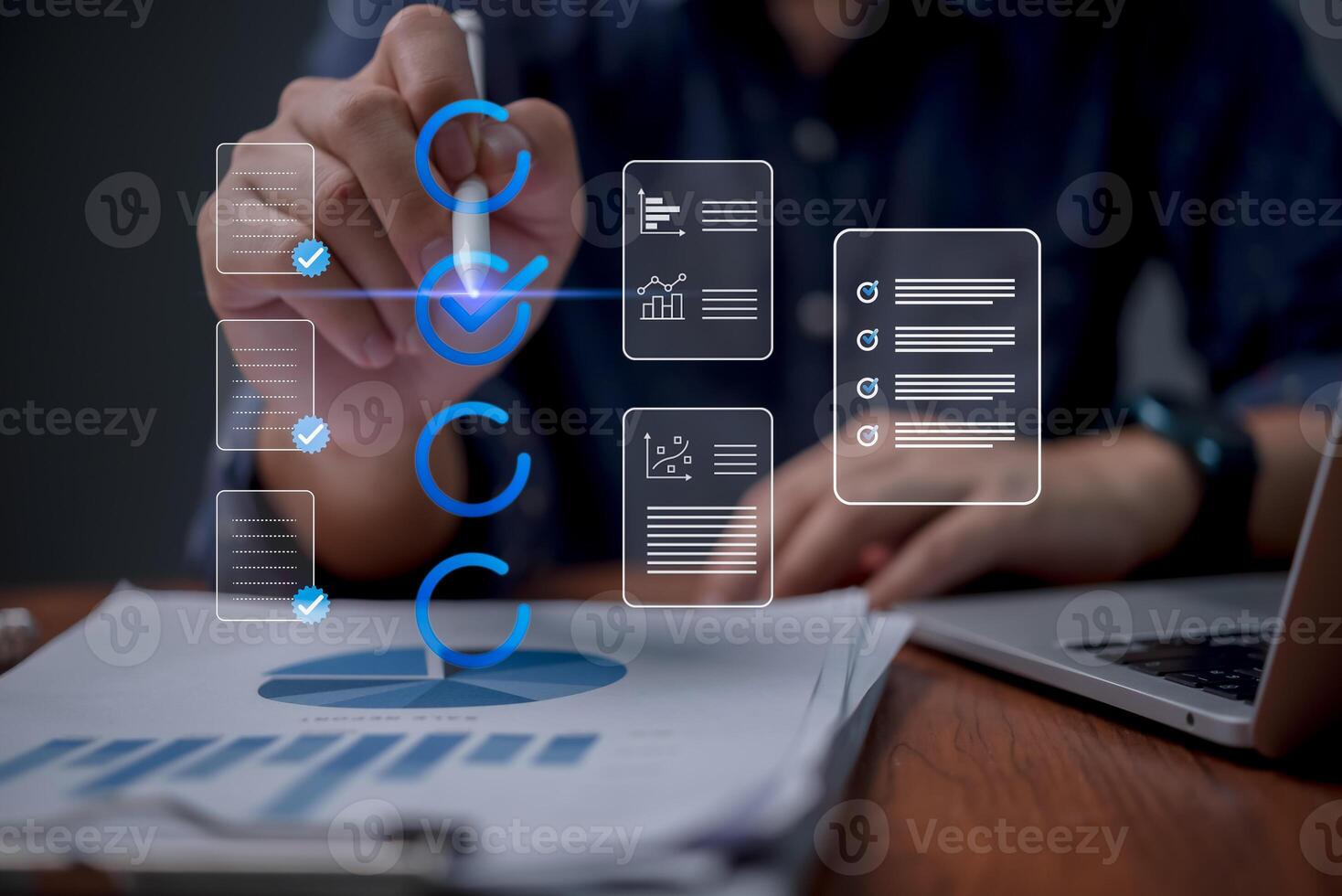 Businessman checklist report marketing task application online and questionnaire information, database document management, digital technology process photo